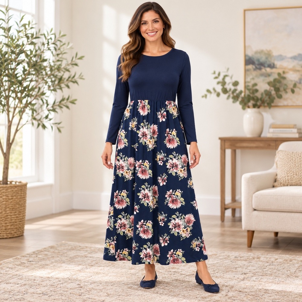 Nemidor Plus Size 16 Navy Floral Maxi Dress Long Sleeve Pockets NWT Cottagecore